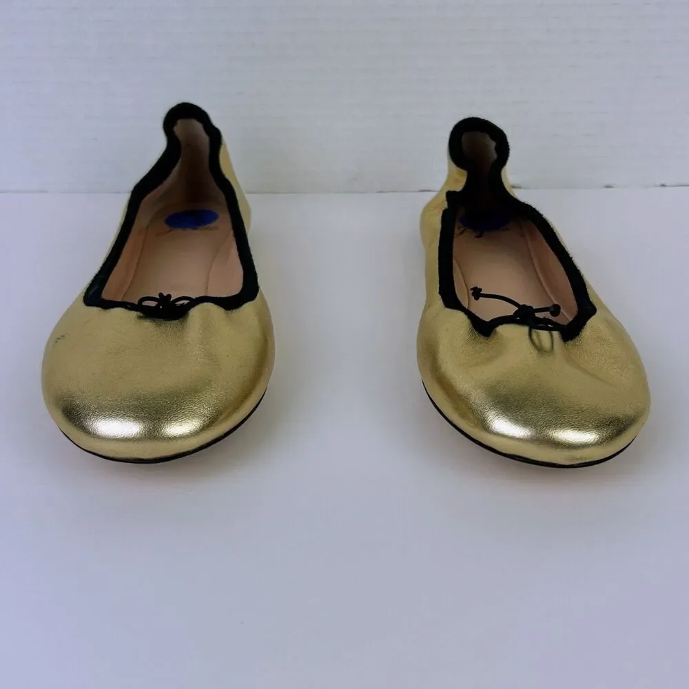 J. Crew Elvie Gold Metallic Ballet Flats Leather Almond Toe Shoes Black Trim 7.5